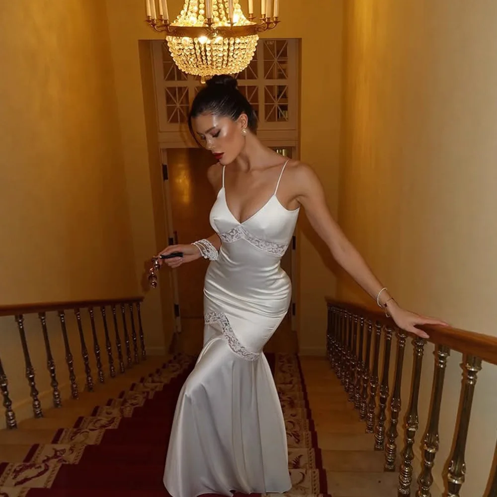 ホワイトレースサテンロングスリップドレス レディース 新作 セクシー スパゲッティストラップ スリム バックレス ヒップラップ パーティー イブニング ボディコンドレス