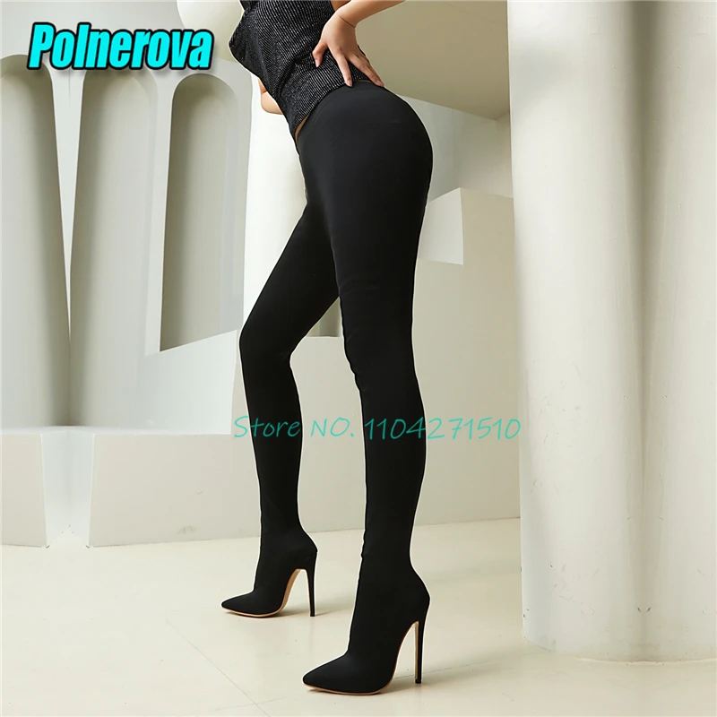 Women Integrated Pants Elastic Boots Sexy Pointed Toe Thin High Heels White Black Stretchy Leggings Boots Party Nightclub Shoes
