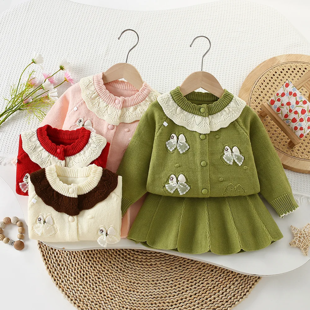

Girls Dress Clothes Sets Autumn Winter Children Woolen Jersey Sweaters Coats Skirts Kids Princess Suit For Baby Knitted Outfits