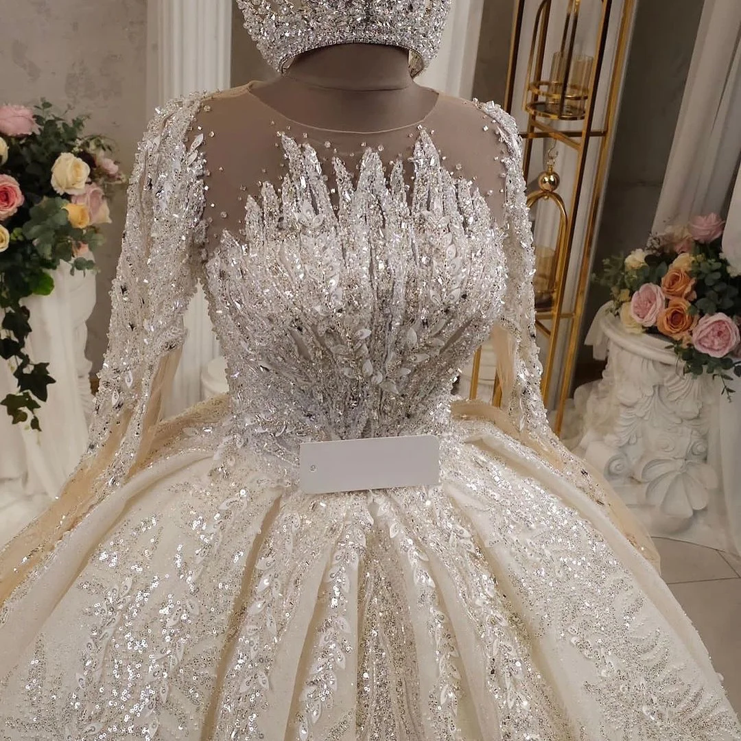 2025 Customized Ball Gown Wedding Dress Long Sleeves Pearl Sequin Crystal Plus Size Bridal Dresses Princess Wedding Gowns