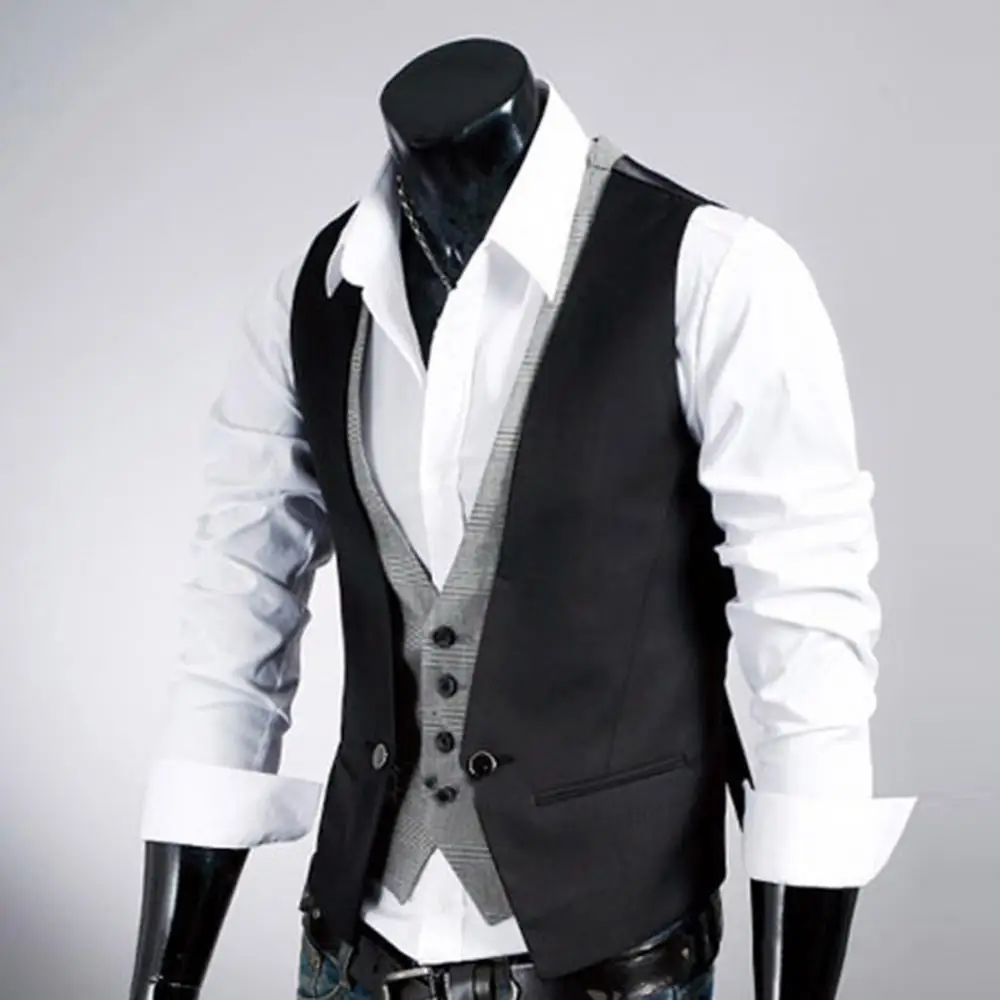 

Men Formal Waistcoat Vest Business Men Fake Two-pieces V Neck Sleeveless Button Pocket Slim Waistcoat Jacket