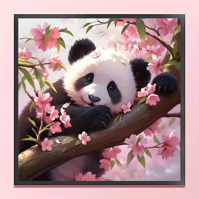 1-teiliges 5D-Diamant-Malset mit Kirschblüten-Panda-Motiv – runde Diamantkunst, ungerahmt, lebendige Wand- und Schreibtischdekoration für Zuhause