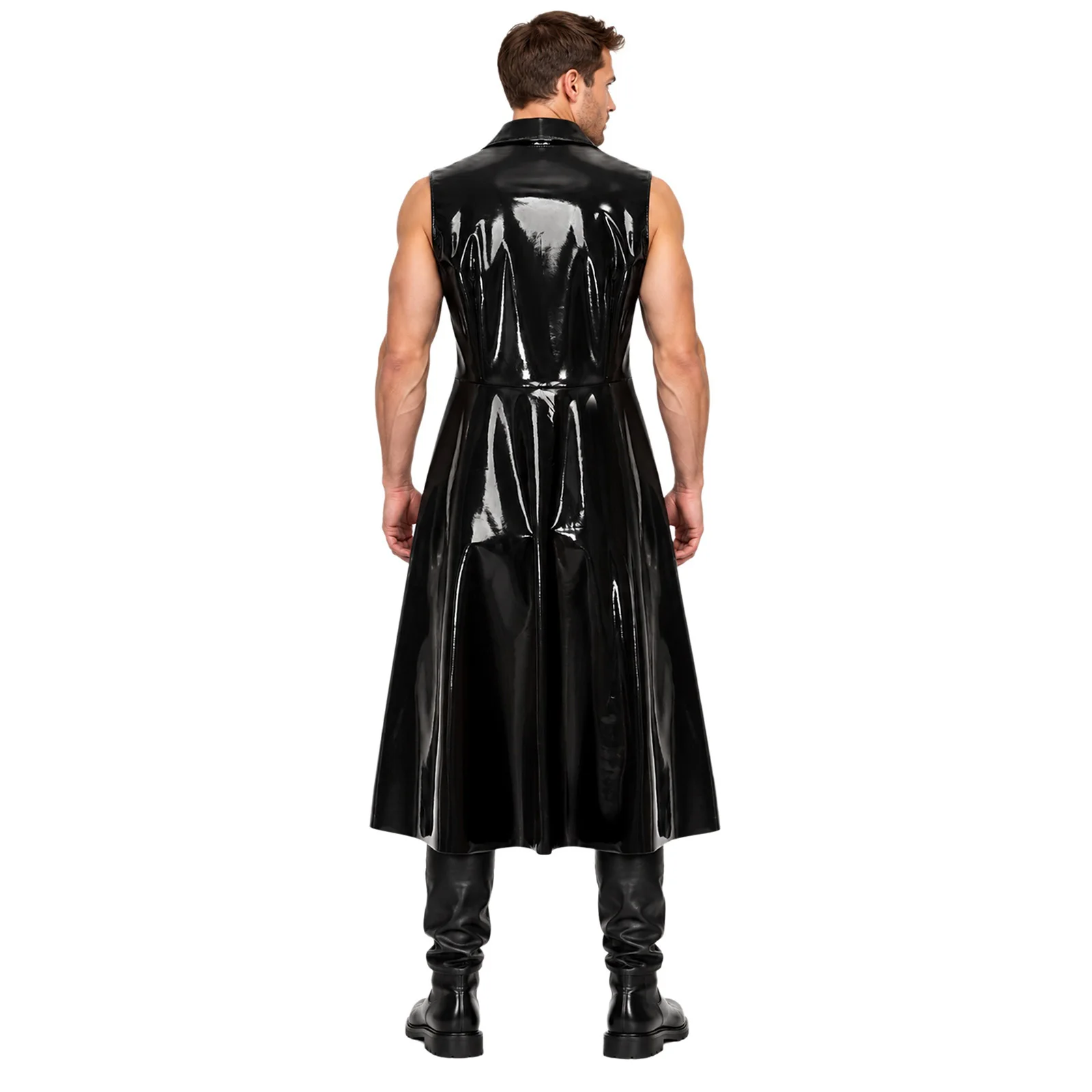 Mens Glossy PU Punk Long Trench Coat Sleeveless Open Front Adjustable Buckle Waist Jacket Blazer Outerwear for Cosplay Party