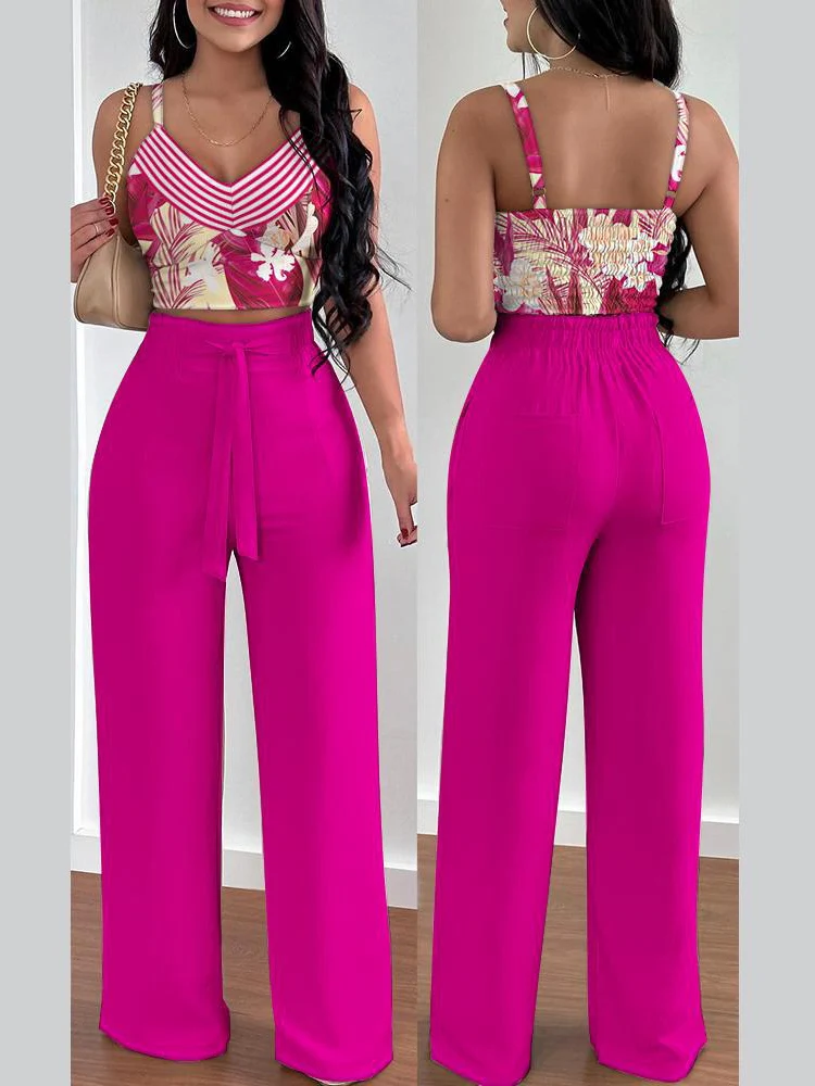 Women Fashion Print Halter V-Neck Short Tank Suit Tops Long Pants Matching Set Summer Casual Female Slim Pants Two Piece Sets