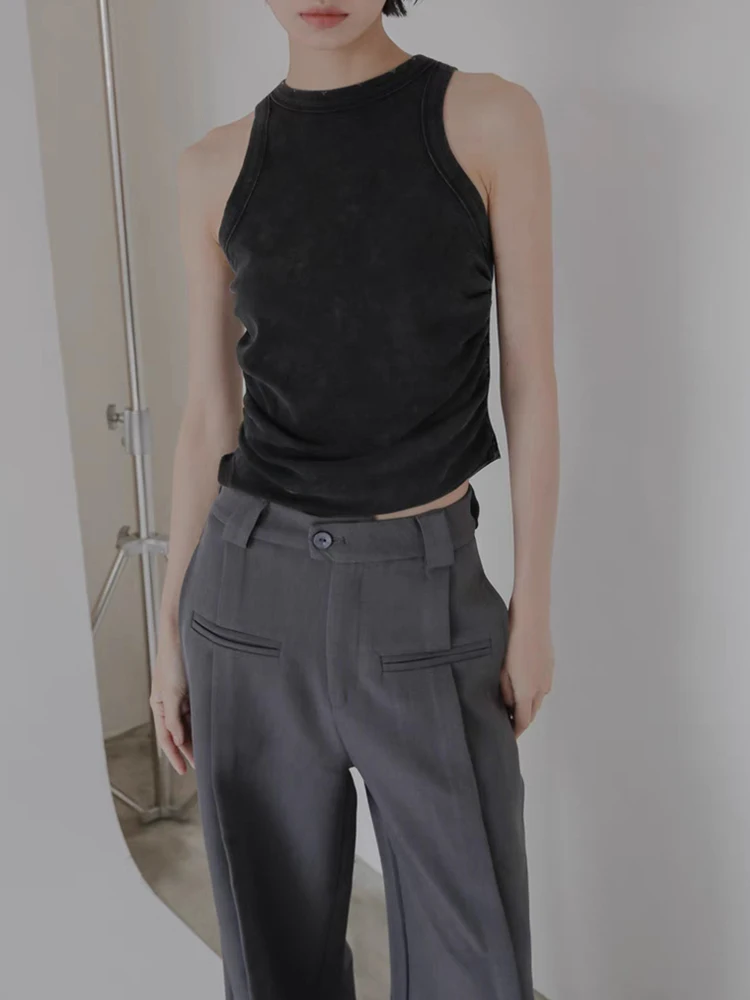 PBAP خمر مطوي رمادي دعوى السراويل النساء الصلبة لصق جيوب عالية الخصر ثنيات واسعة الساق السراويل الطويلة الصيف ملابس كاجوال #4