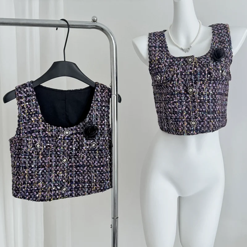 

Square Neck French Sequined Tweed Short Vest Women Fashion Sleeveless Small Fragrant Hotsweet Female Vest Spring Summer