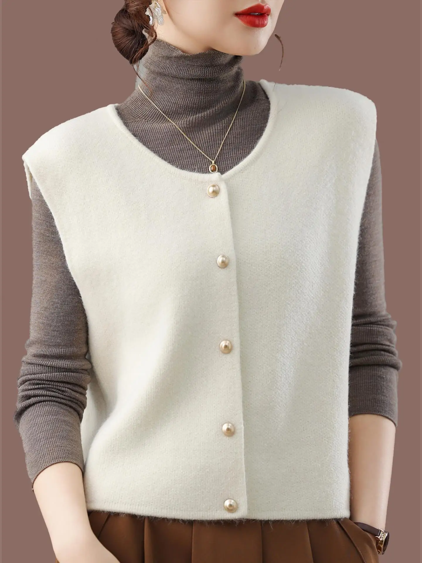 

Women's round Ne Svel Wool Knitted Vest 2025 New Spring Autumn Layering Sweater Overalls Open Cardigan Top