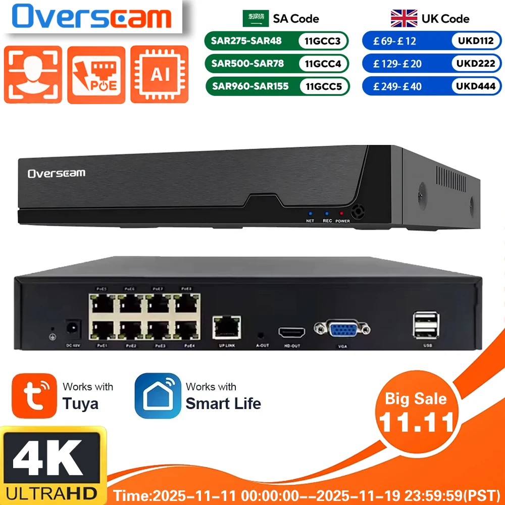 

Overscam TUYA SMART LIFE 4K 8MP 8CH POE NVR CCTV Security System Human Detection Network Surveillance Cameras Video Recorder NVR