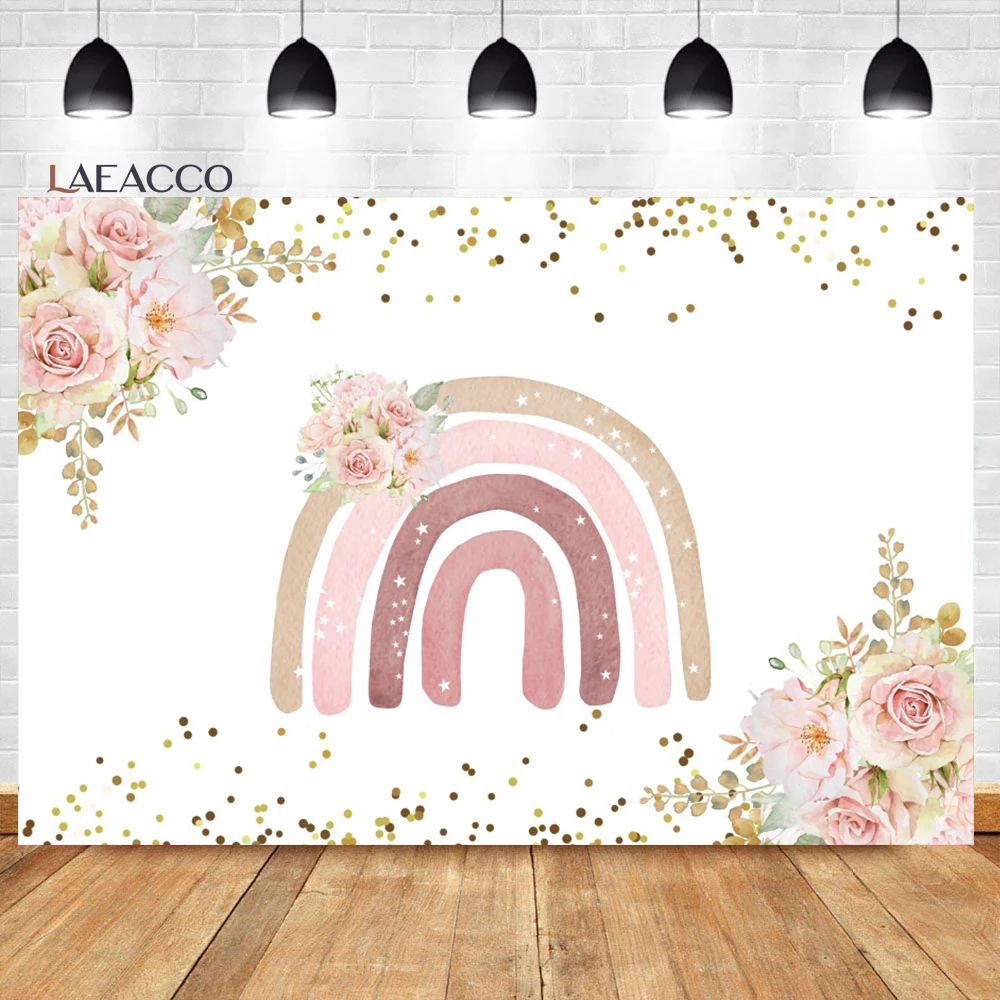 

Laeacco Boho Rainbow 1st Birthday Backdrop Gold Dots Pastel Pink Girl Baby Shower Portrait Customized Photography Background