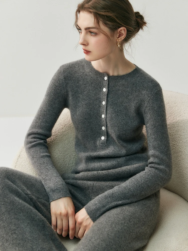 

TLOML Women 100% Cashmere Sweater O-neck Half Buttons Pullover Autumn Winter Soft Slim Cashmere Knitwear Basics Office lady Tops