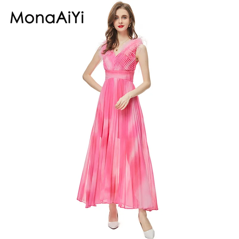 

MonaAiYi New Fashion Runway Designer Women's V-Neck Feather Sleeveless Pleated Gradient Color Long Hem Pink Dress