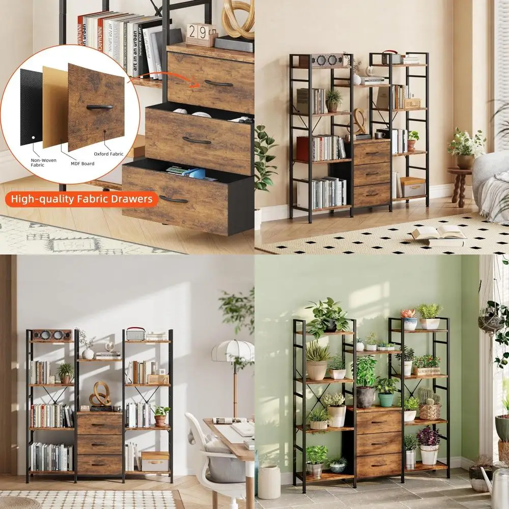 

Rustic Brown Industrial Bookshelf: 47 Wide, 3 Fabric Drawers, 4 Tiers & 10 Shelves for Home/Office