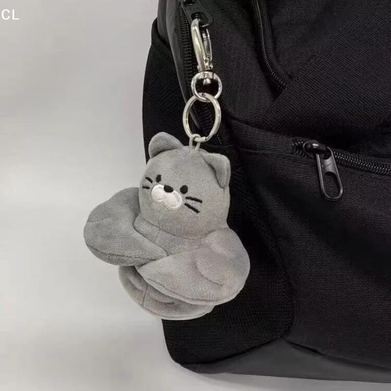 AttireTroveSoft Fluffy Gray Muscle Cat Plush Keychain Cartoon Plush Keyring Bag Pendant Backpack Ornament Gift For Cat Lovers