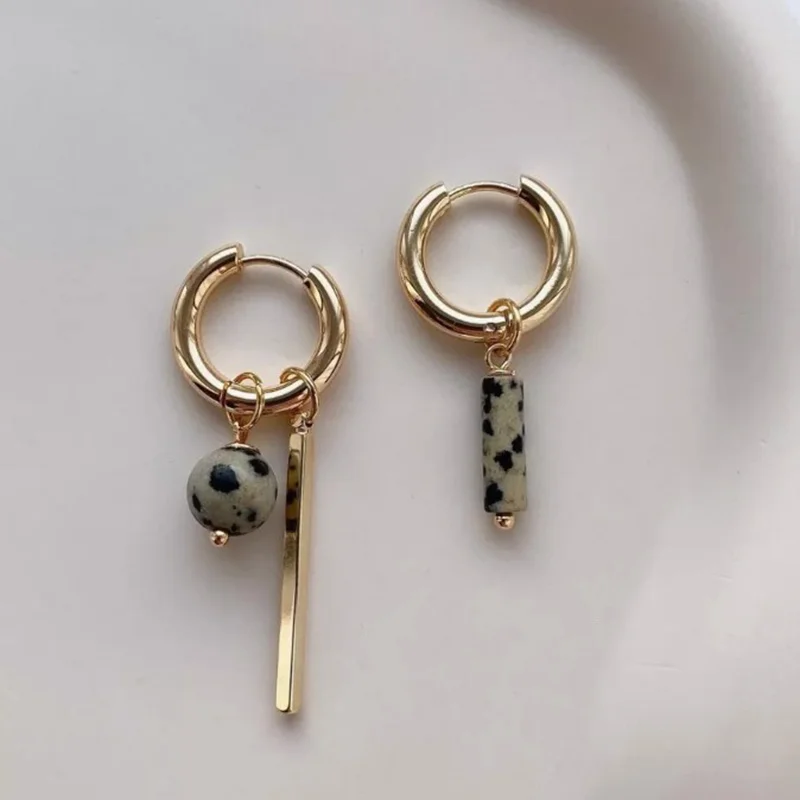 Retro New Trendy Geometric Long Strip Asymmetrical Earrings for Women Square Shape Stone Bead ed Ear Buckle Punk Jewelry Gift