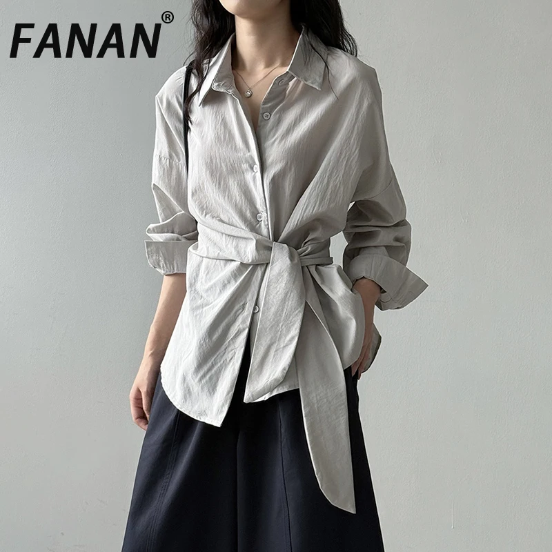 

FANAN нерегулярные бандажные рубашки со сборкой на талии, женские блузки с длинными рукавами и лацканами, однотонные офисные женские топы, новинка осени 2023 г.