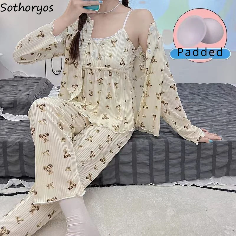 Sweet Pajama Sets Women 3PCS with Chest Pad Cute Soft Print Leisure Loose Ladies Sleepwear Long Sleeve Autumn Bedroom Outwear