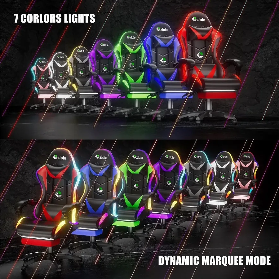 Gaming Chair for Adults and:Racing Style, Black/Blue Fabric, RGB LED Lights, Lumbar Massager, High Back Reclining Computer Chai view 5