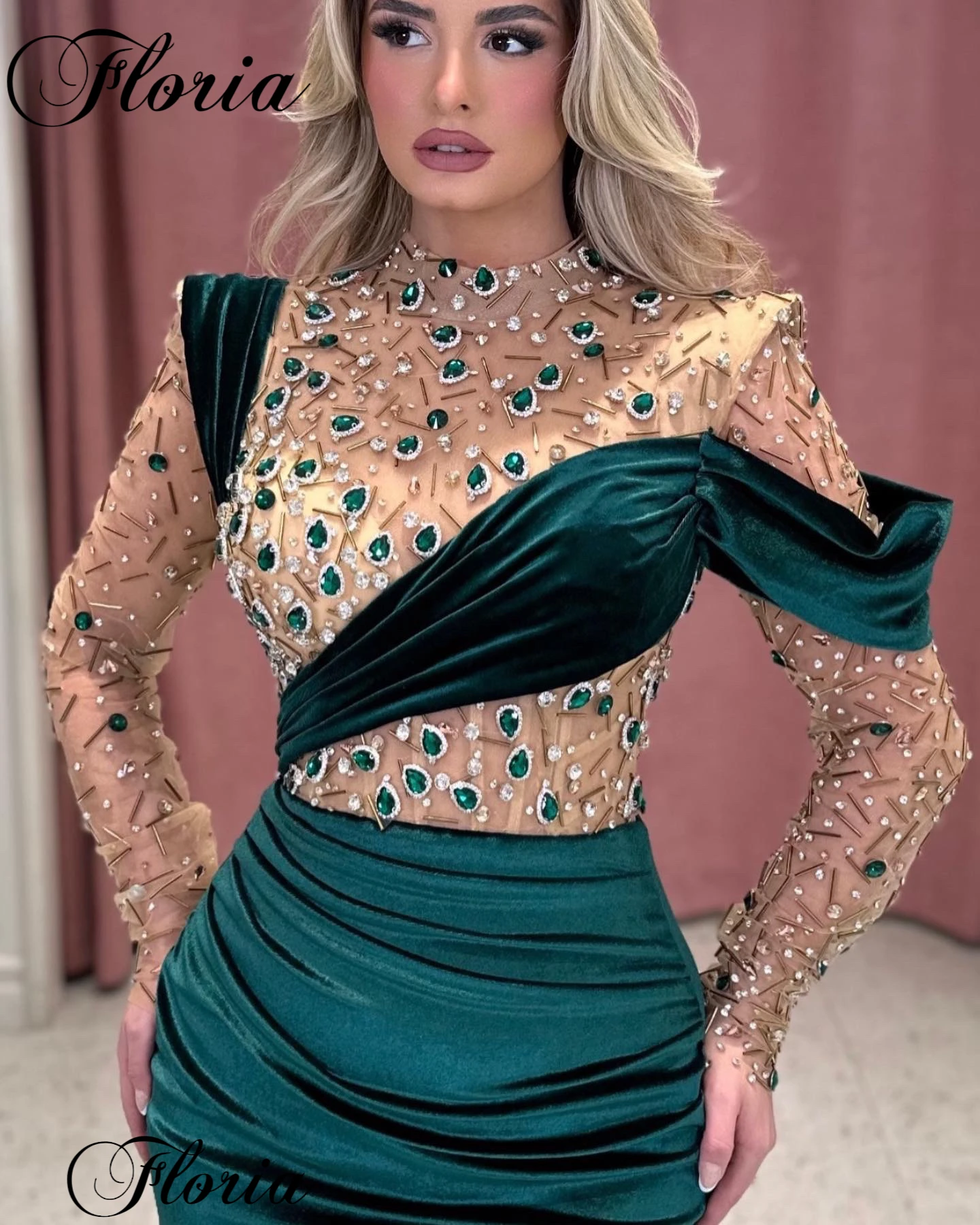 Haute Coutures Green Evening Dresses Elegant Crystals Dubai Prom Dresses Mermaid Long Sleeves Celebrity Gown Vestidos Para Mujer