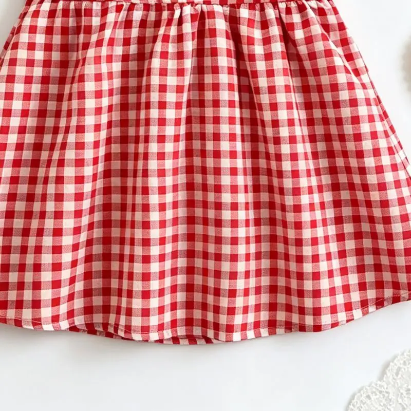 Vestido de Verano para Niña, Vestido de Algodón a Cuadros Rojos, Lindo Vestido de Playa con Solapa de Fresa para Niña