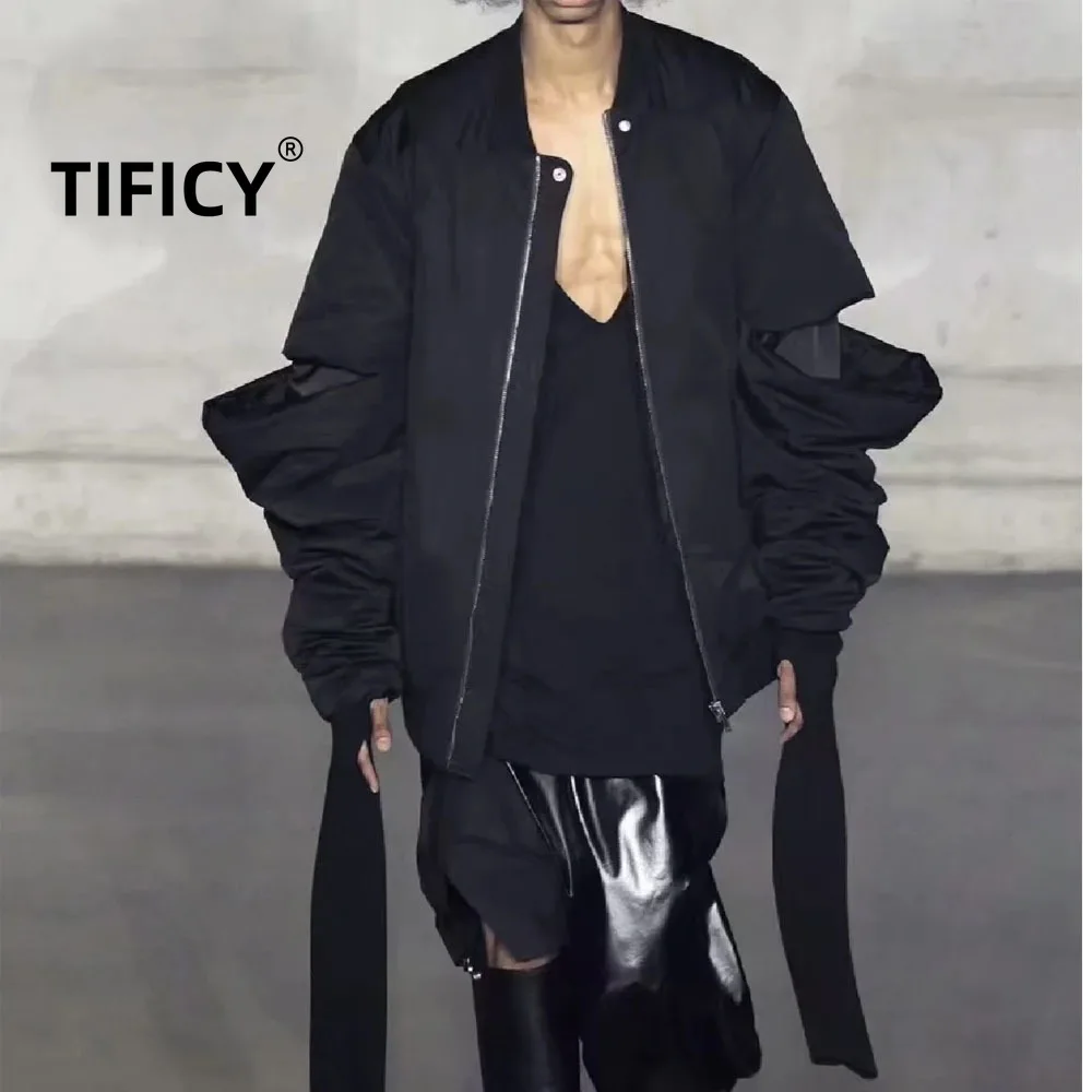 

High Street Dark RO Style Black Parkas Jackets Men's Fashion Show Jacket Structure Splicing Zipper Baseball Warm Coat