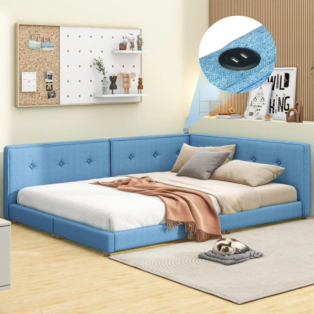 Cama de plataforma estofada de tamanho completo com portas USB, camas infantis beliche para crianças camas de madeira móveis infantis cama de solteiro