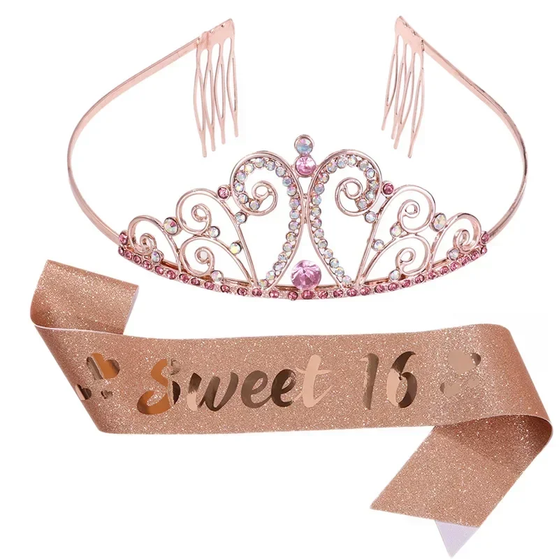 New Sweet16 Birthday Crown Shoulder Strap Set High-density Satin Bronzing Ceremonial Belt Princess Crown Gift Diadem Tiara Hoops