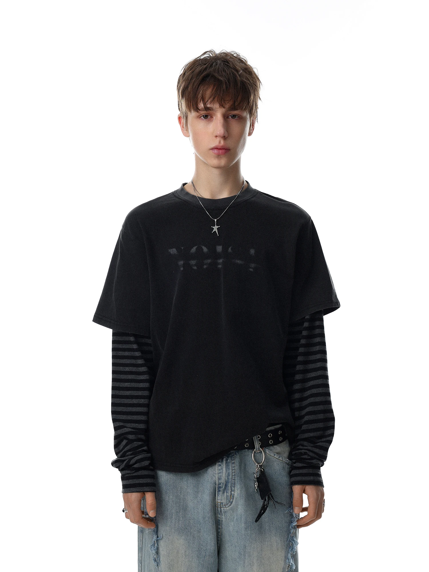 MRNEARLY American Retro Striped Fake Two-Piece Long Sleeve T-Shirt Unisex Loose Casual Trendy Cotton Top for All Seasons
