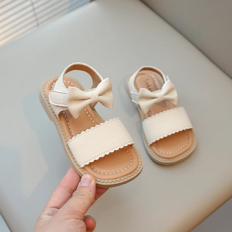 Baby Girls Summer Solid Color Bow Princess Square Head Kids Beach Casual Comfort Sandals Children Elegant Student Flat Bottom