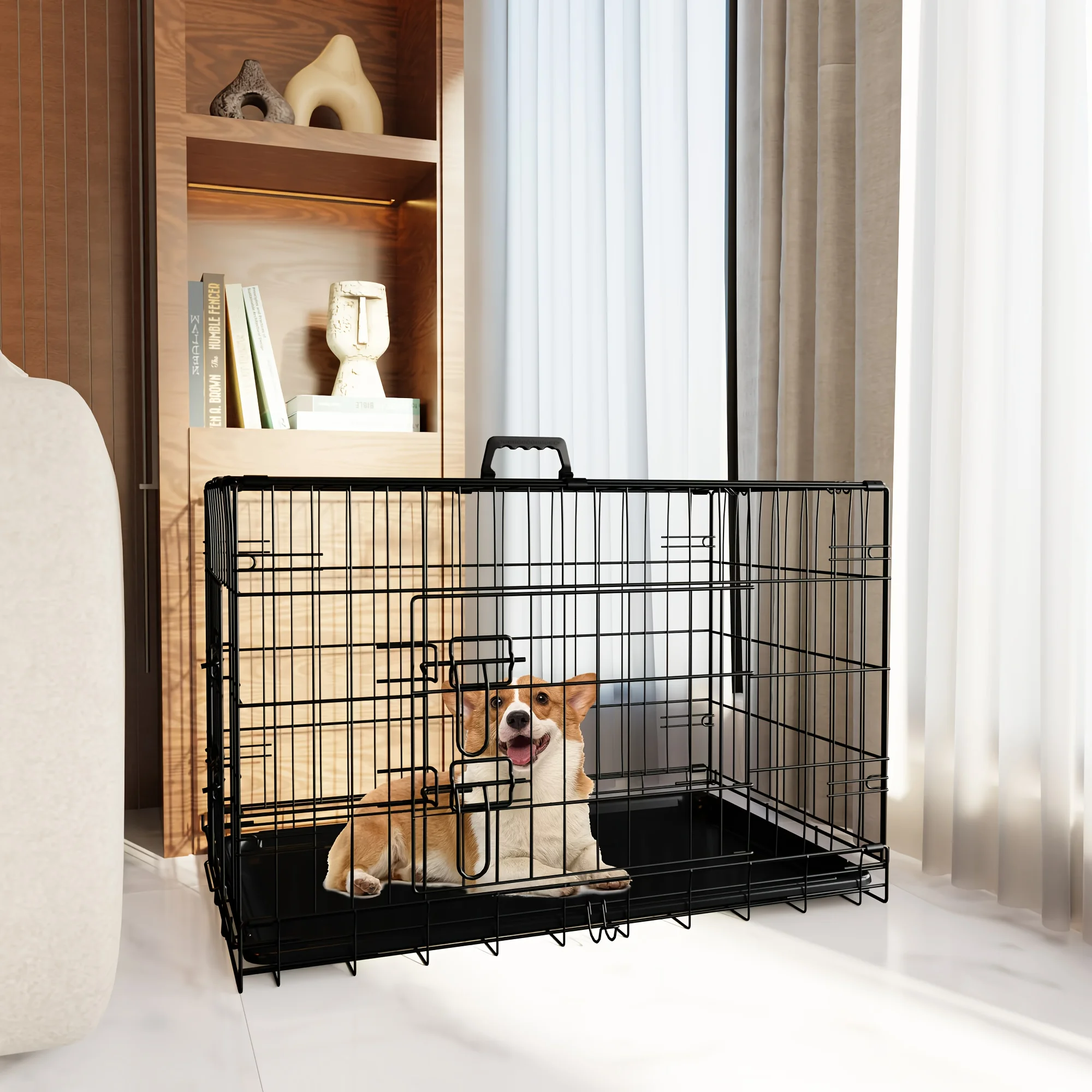 

30" Medium Dog Crate with Divider & Leak-Proof Pan Tray - Double Door Folding Metal Wire Cage for Indoor/Outdoor Use, Travel-Fri