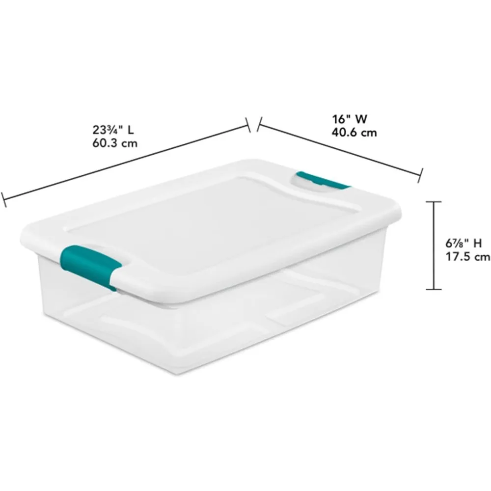 32 Qt Latching Storage Box, Stackable Bin with Latch Lid, Plastic Container to Organize Clothes Underbed, Clear with White Lid,