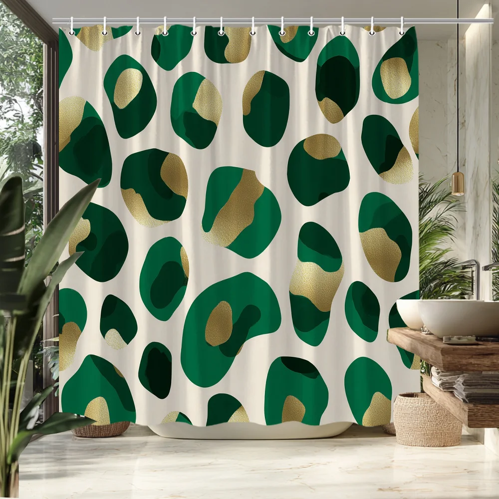 Green Leopard Print Shower Curtain, Gold Geometric Animal Pattern Waterproof Bathroom Decor, Modern Luxury Home Bath Screen