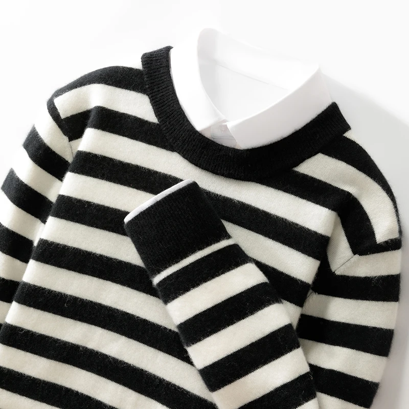 Autumn And Winter New 12-Pin Round Neck Color Matching Stripe 100 Pure Wool Pullover Sweater Casual Knitting Bottoming
