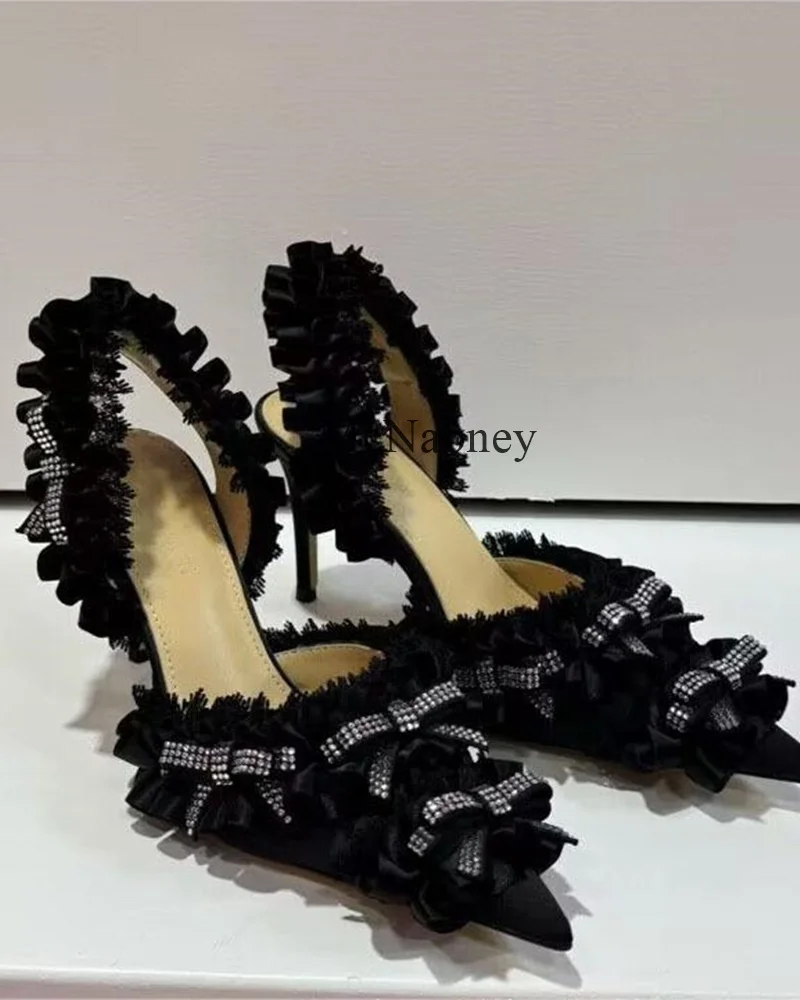 

Silk Lace Butterfly Knot Ankle-Wrap Pointed Toe Women Sandals With Rhinestone Sweet Style Stiletto High Heels Shoes