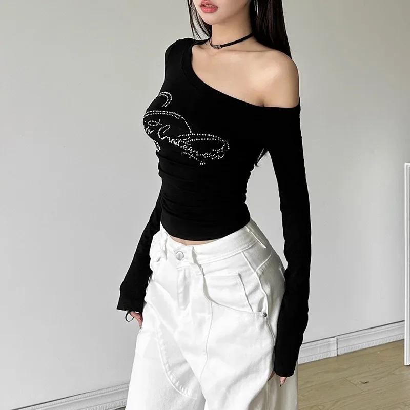 autumn black tshirt women sexy slant one shoulder hot diamond slim fit irregular crop tops open back sequins streetwear pleated