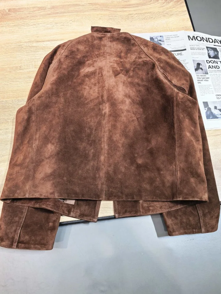 Büro Damen Einfarbig Echtes Leder Kurze Jacke Top Qualität Schlank Rundhals Freizeit Lange Ärmel Schaffell Oberbekleidung