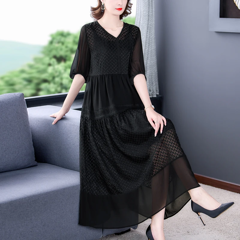 2023 Summer Silk Short Sleeve Dress Women's Loose Large New Jacquard Splice V-Neck Slim Covering Belly Two Piece Set Dress Gown