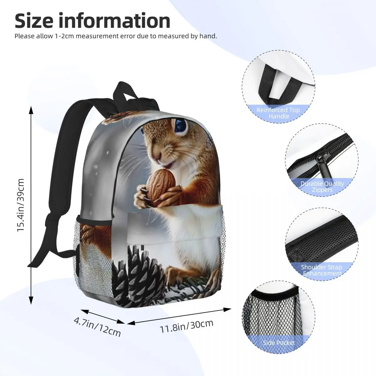 Gray Squirrel Stand On Branch In Snow Backpack Daypack Large Capacity Boys Girls BookBag Shoulder Bags for Unisex Kid School Bag