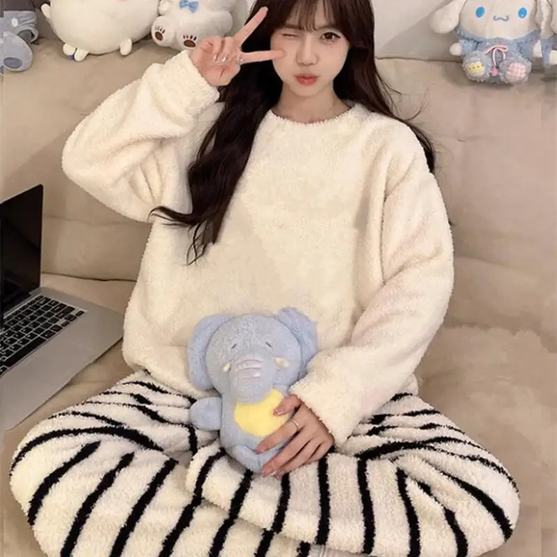 

Комплект домашней одежды, полосатые брюки, пижамы для девочек, утепленная ночная рубашка из кораллового флиса с капюшоном, женская домашняя одежда с длинными рукавами, зимняя одежда
