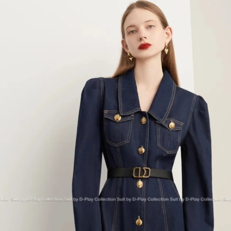 Blue Lapel Denim Dress For Women In Autumn And Winter, New Retro Commuting Style, Slim Denim Dress With A Waistband