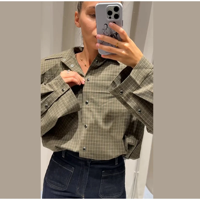 Frauen Vintage Plaid Blusen Einreiher Schulter Pad drehen-unten Kragen Langarm-shirt Alle-spiel Büro Dame herbst Shirts – Detail 14