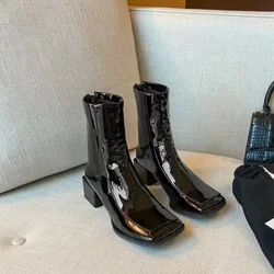 Wiosenne jesienne damskie botki kwadratowe na niskim obcasie na platformie damskie Chelsea Boots zimowe Zapatos Mujer krótkie buty na wysokim obcasie