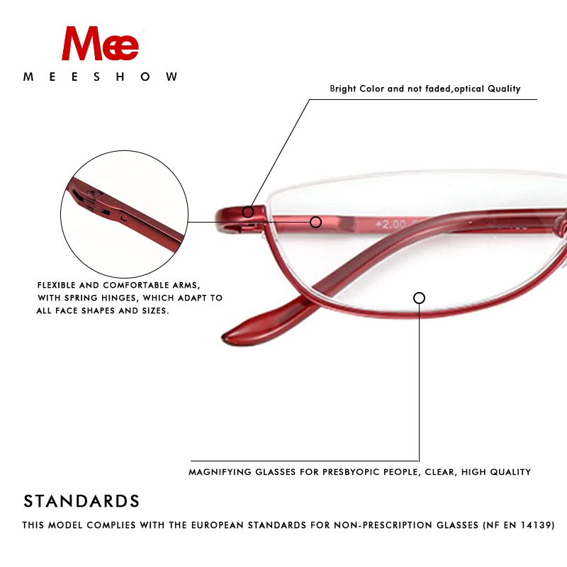 MEESHOW Reading Glasses for Woman Half Rim Comfort Spring Hinges for Men metal presbyopia stylish glasses +1.75 +2.25 +3.5 340