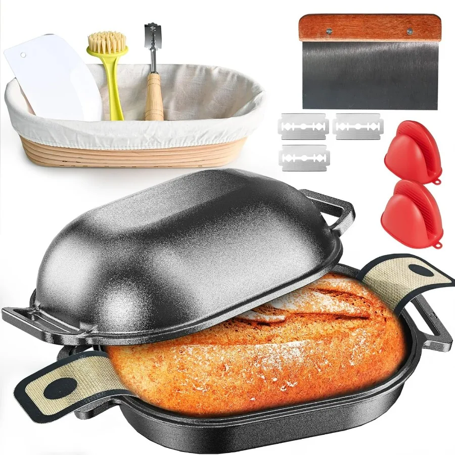 

Чугунная голландская духовка для выпечки хлеба, с корзиной для расстойки хлеба Banneton и принадлежностями для выпечки, многофункциональная голландская духовка 7,5QT