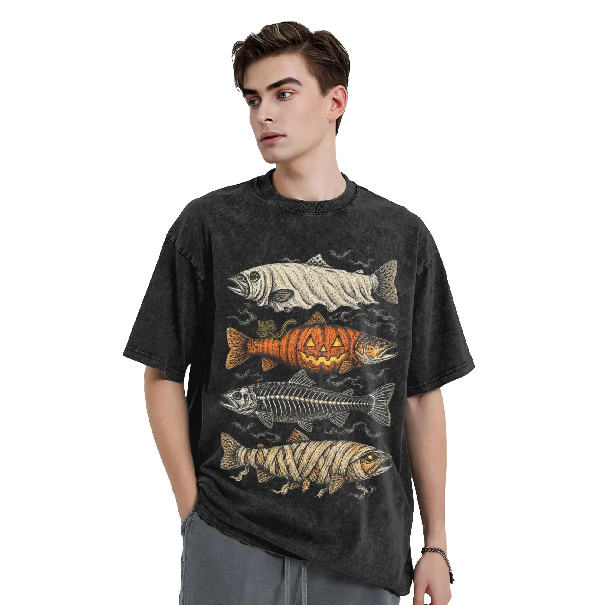Men's Halloween Trout Fish Ghost Pumpkin Skeleton Mummy T Shirts  Tees Summer Vintage Short Sleeve Tshirt Wholesale