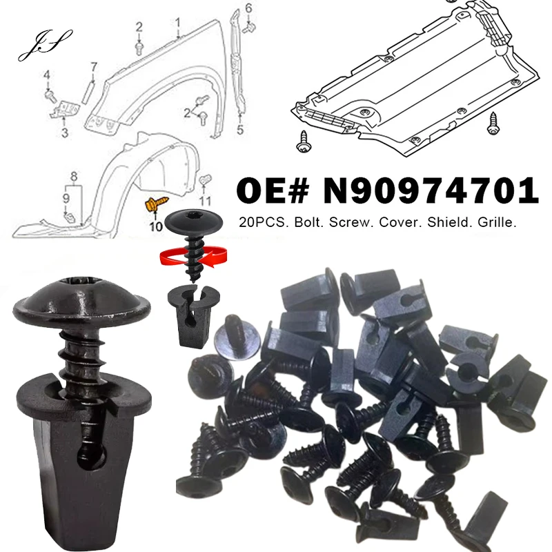 20/Set Car Engine Cover Undertray Splashguard Wheel Arch Torx Screw Retainer Fender Lining Snap Fastener Clips Bolt N90974701