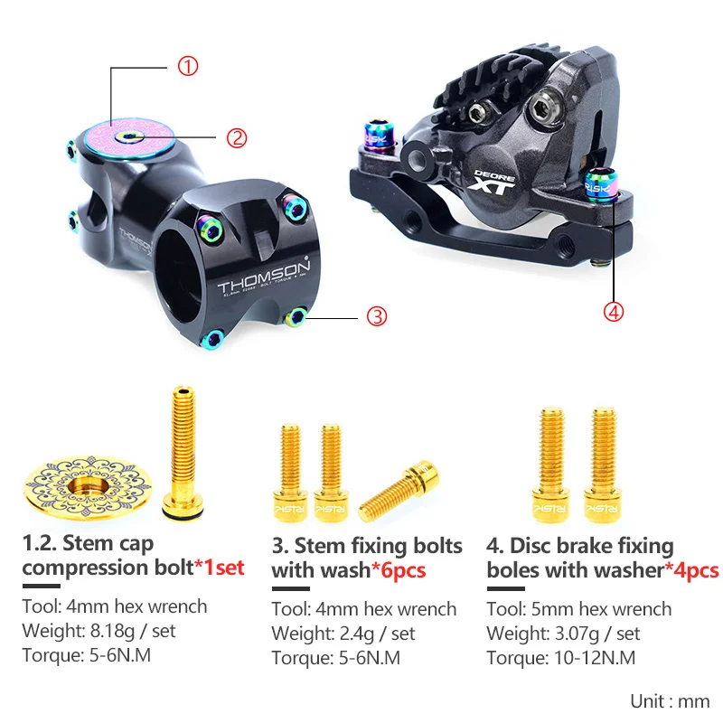 RISK 36pcs Common Bolts Screw Derailleur /Brake/Cage/Valve Cap/Fixing Bolts with WasherTitanium Alloy Screw Kits for MTB Bike