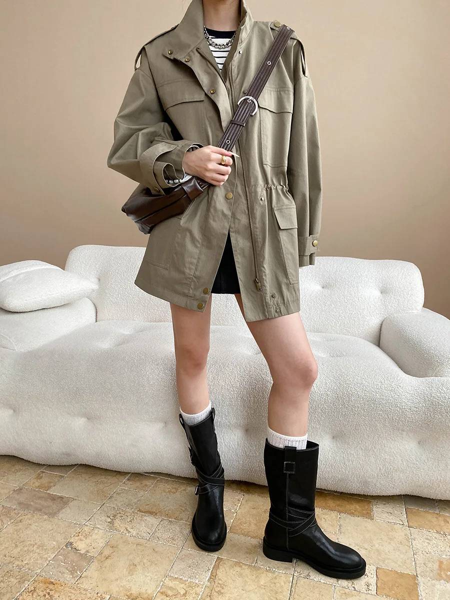 Women Trench Mid Length Coats Jackets Stand Collar Coat Casual Loose Y2k Streetwear Jacket Work Outerwear Autumn Winter 2025