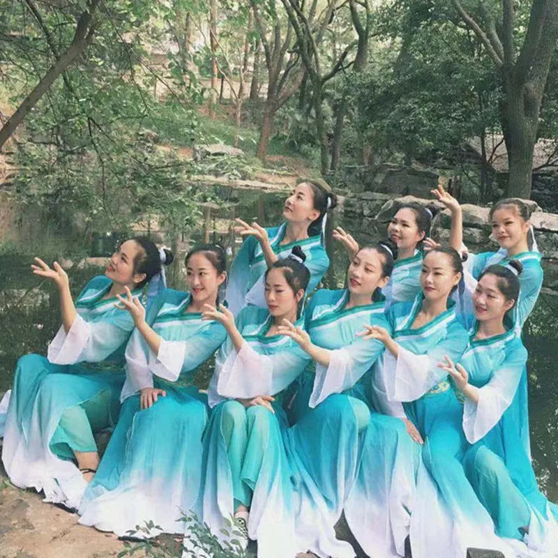 Traje de dança hanfu para mulheres, fã feminino, estilo folclórico, roupas hmong, chinês, azul, novo