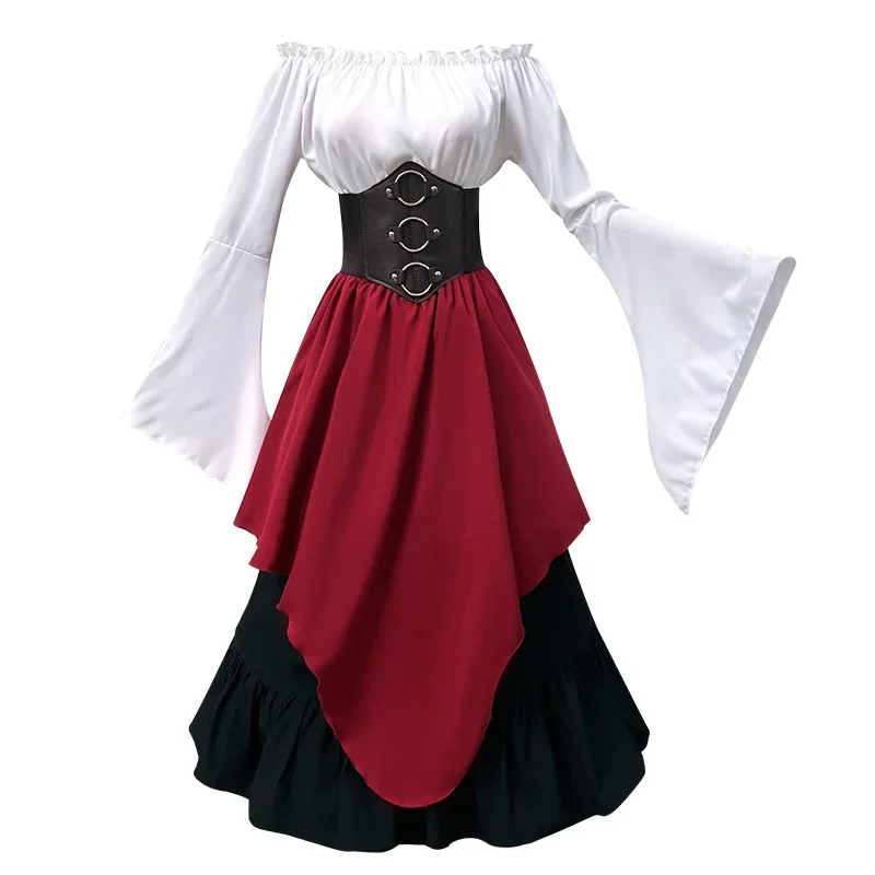 Женская ретро средневековая юбка, винтажный костюм для косплея, блузка с длинными рукавами, Ренессанс, готическое лоскутное вечернее платье с открытыми плечами