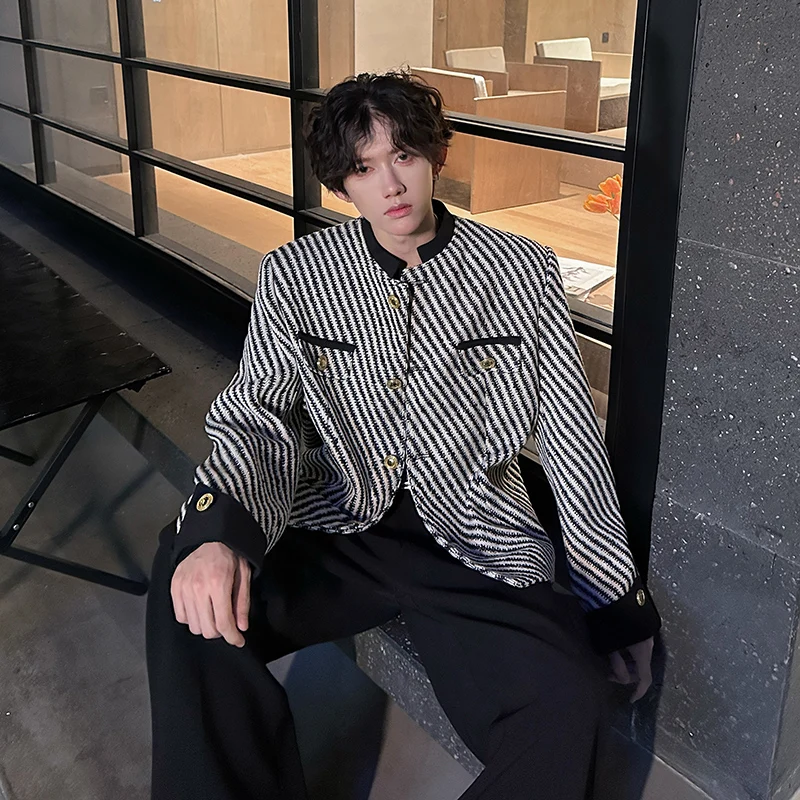 

Мужская твидовая куртка Faionable, черно-белая, с диагональными полосами, теплая верхняя одежда для весны, осени и зимы, приталенный крой, молодежная.